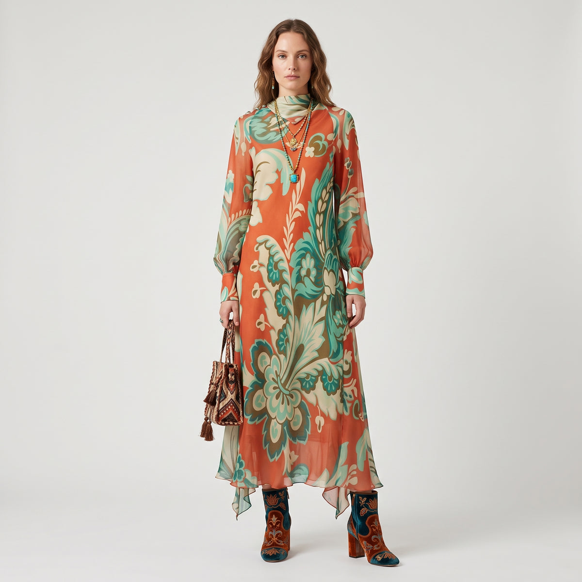 Orange Floral Silk Midi Dress