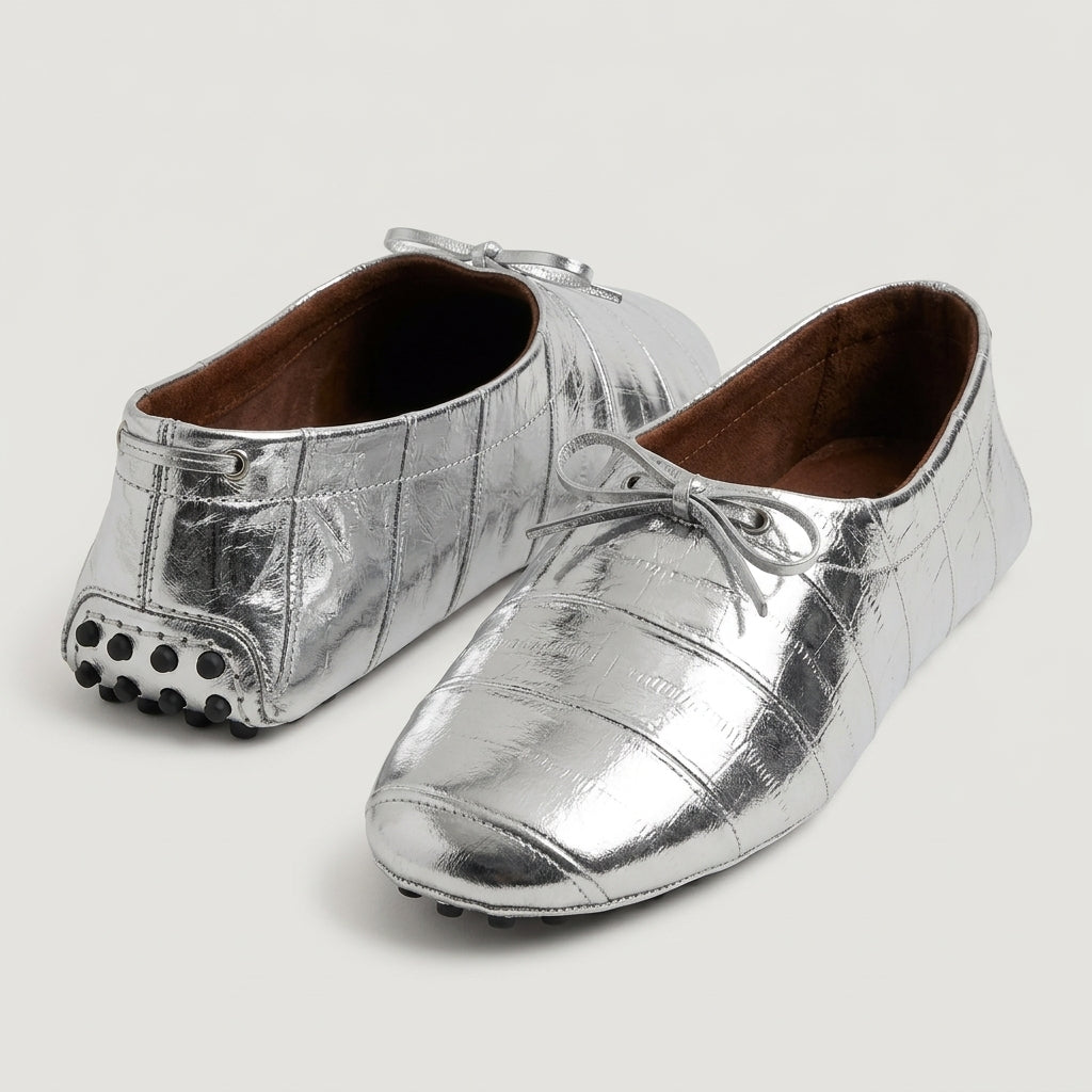 Metallic Silver Leather Loafers