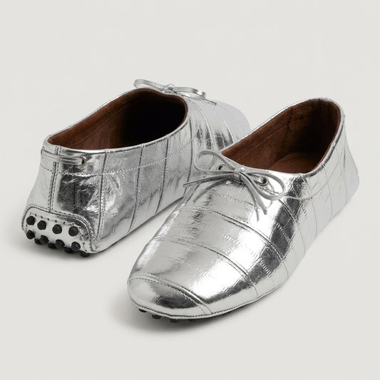 Metallic Silver Leather Loafers