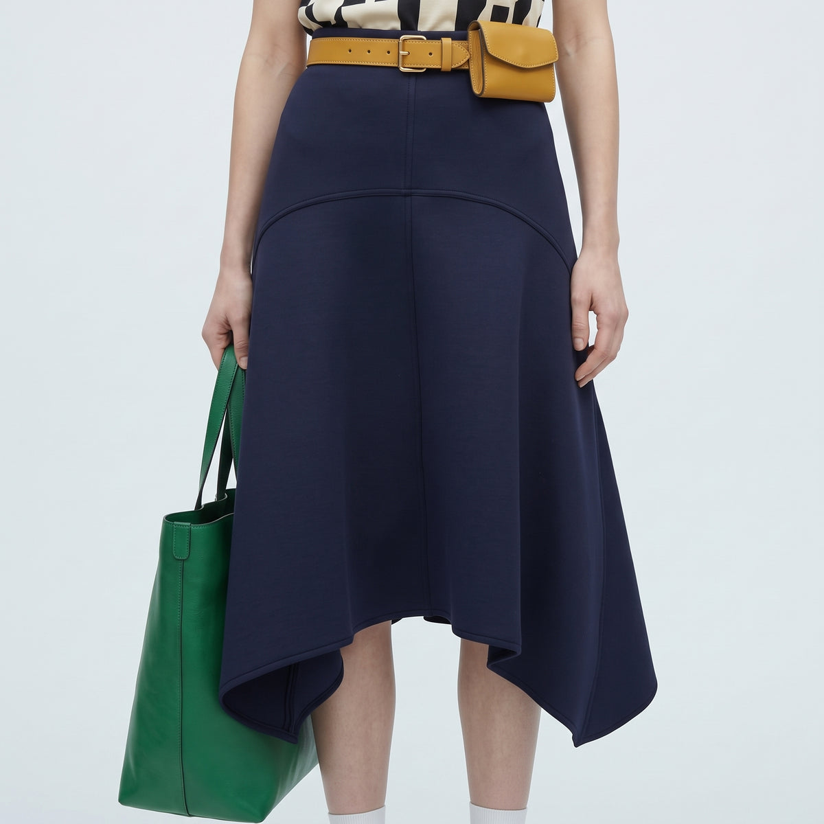 PLAN C Structured Navy Flared Midi Skirt - view 5