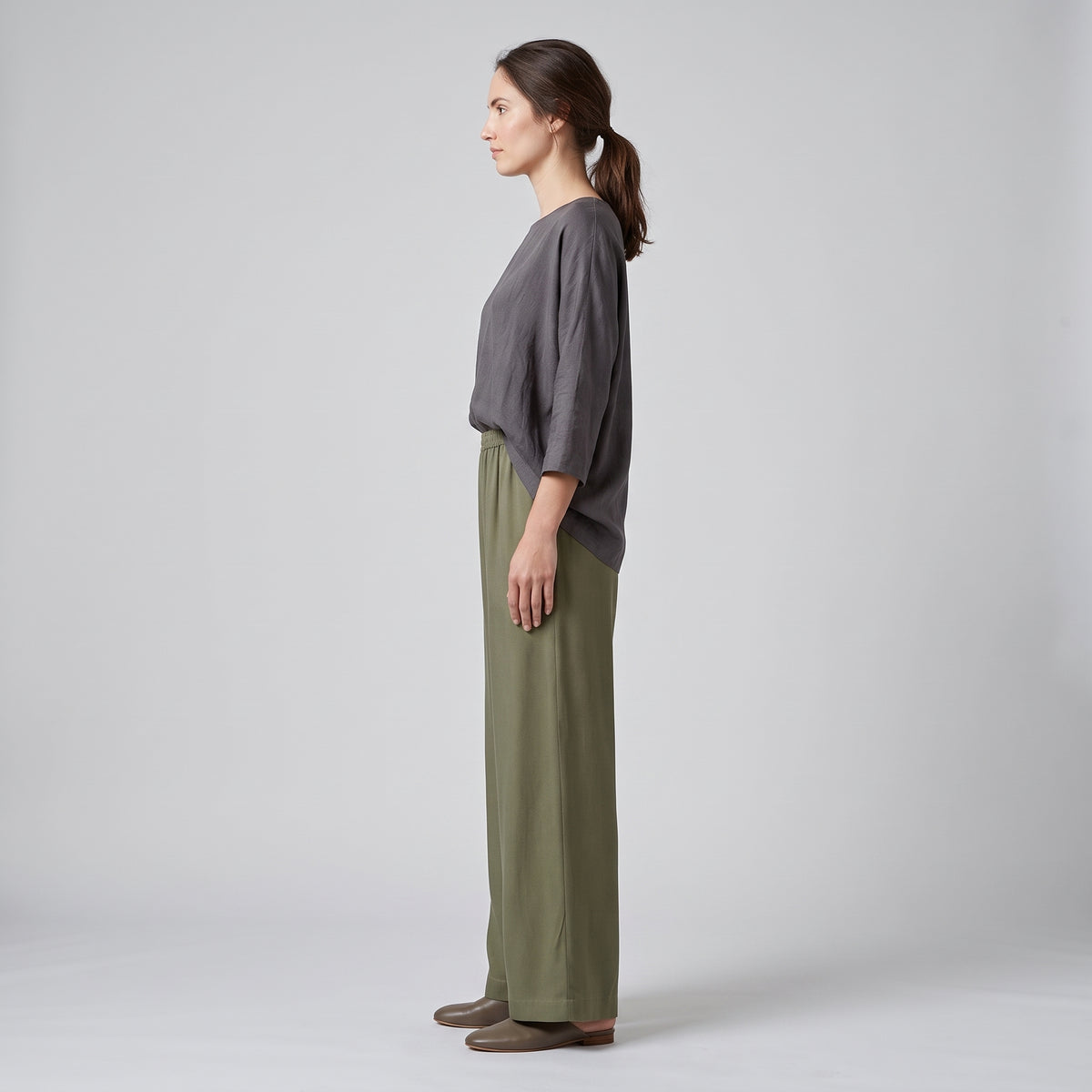 Wide-Leg Elasticated Olive Trousers