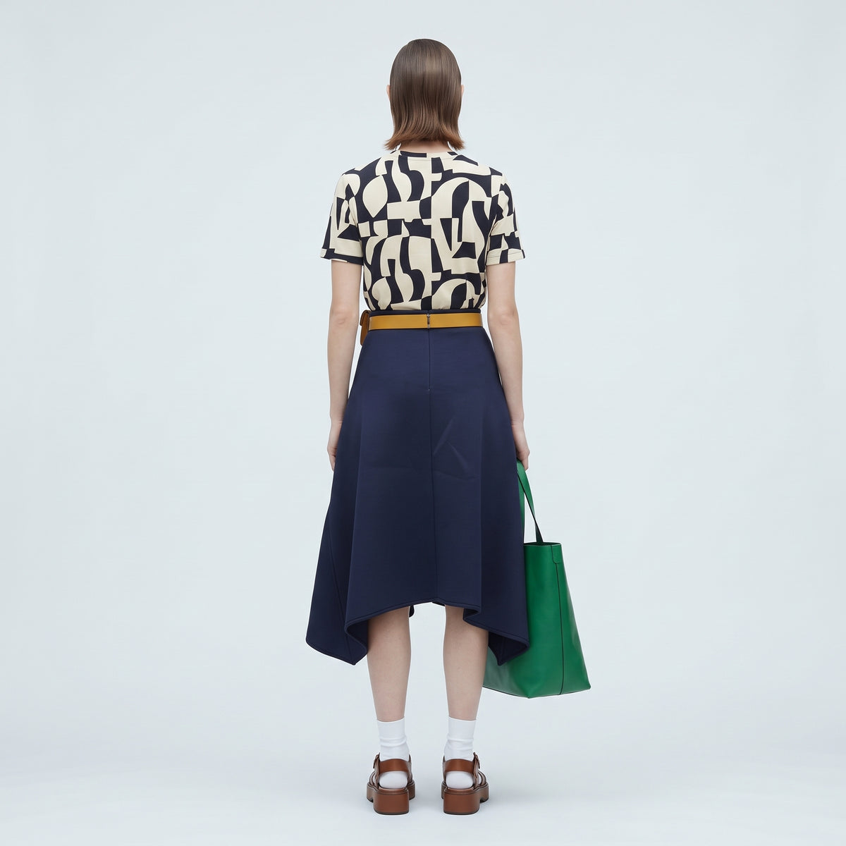 PLAN C Structured Navy Flared Midi Skirt - view 4