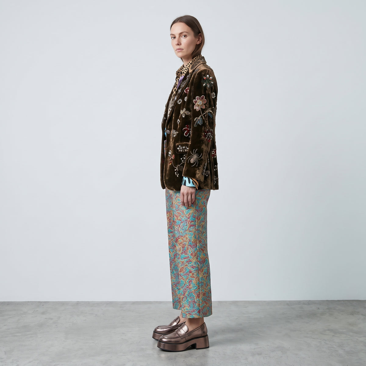 Turquoise Jacquard Cropped Trousers