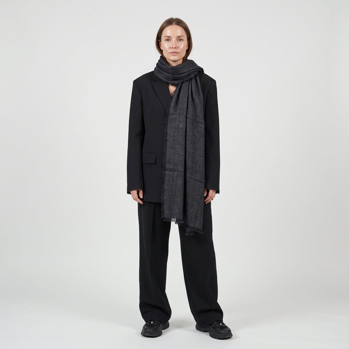 AMA PURE Fringed Black Wool Stole Scarf - view 2