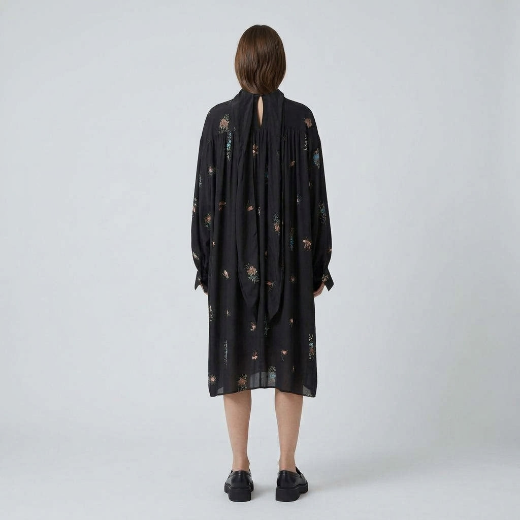 Floral Printed Duchess Silk Dress