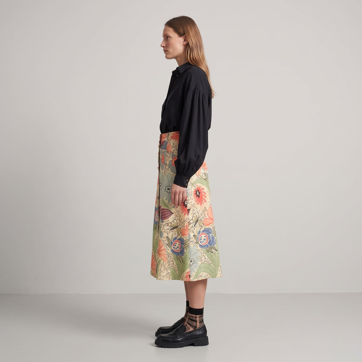 Coral Floral Button-Front Skirt