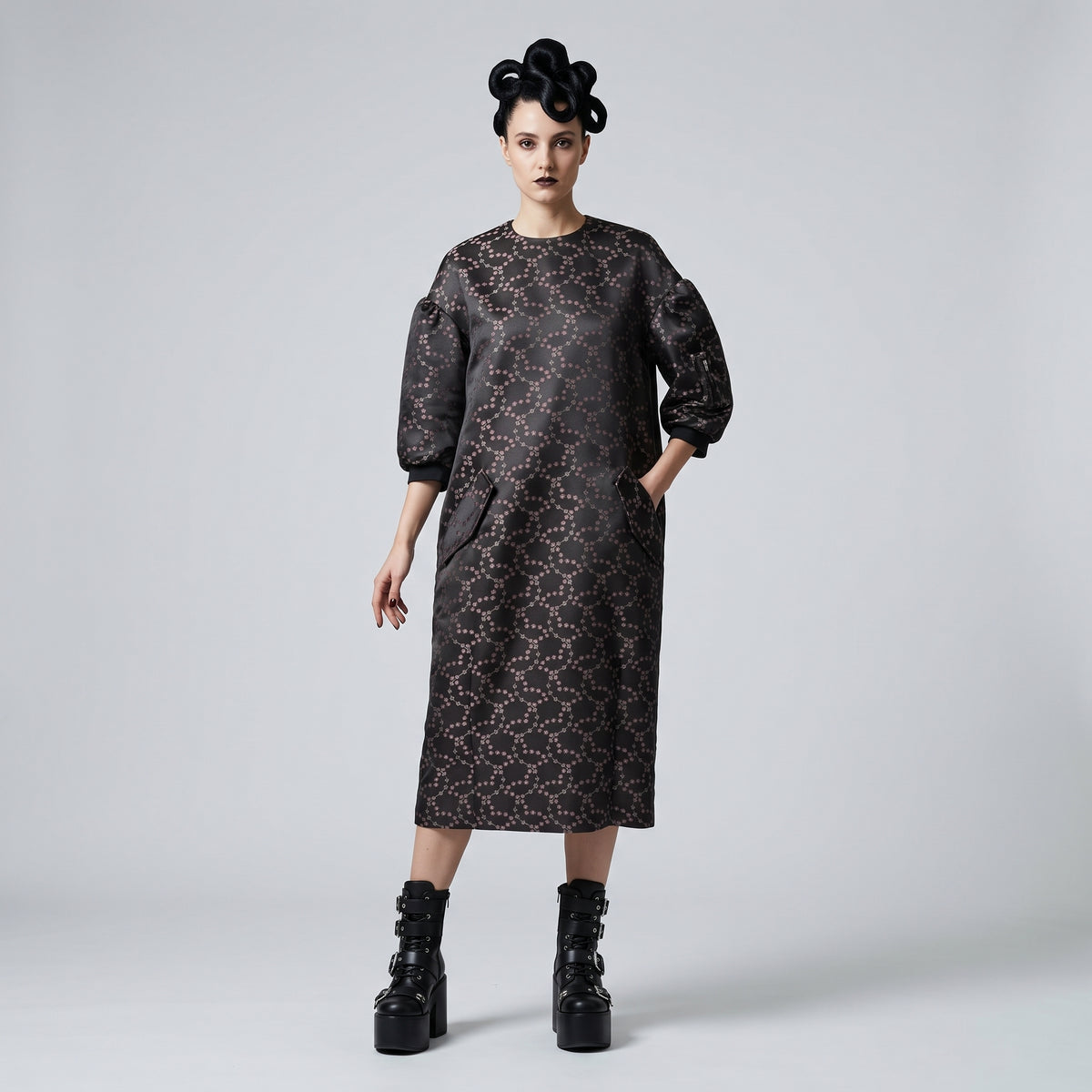 NOIR KEI NINOMIYA Patterned Satin Puff Sleeve Dress - view 3