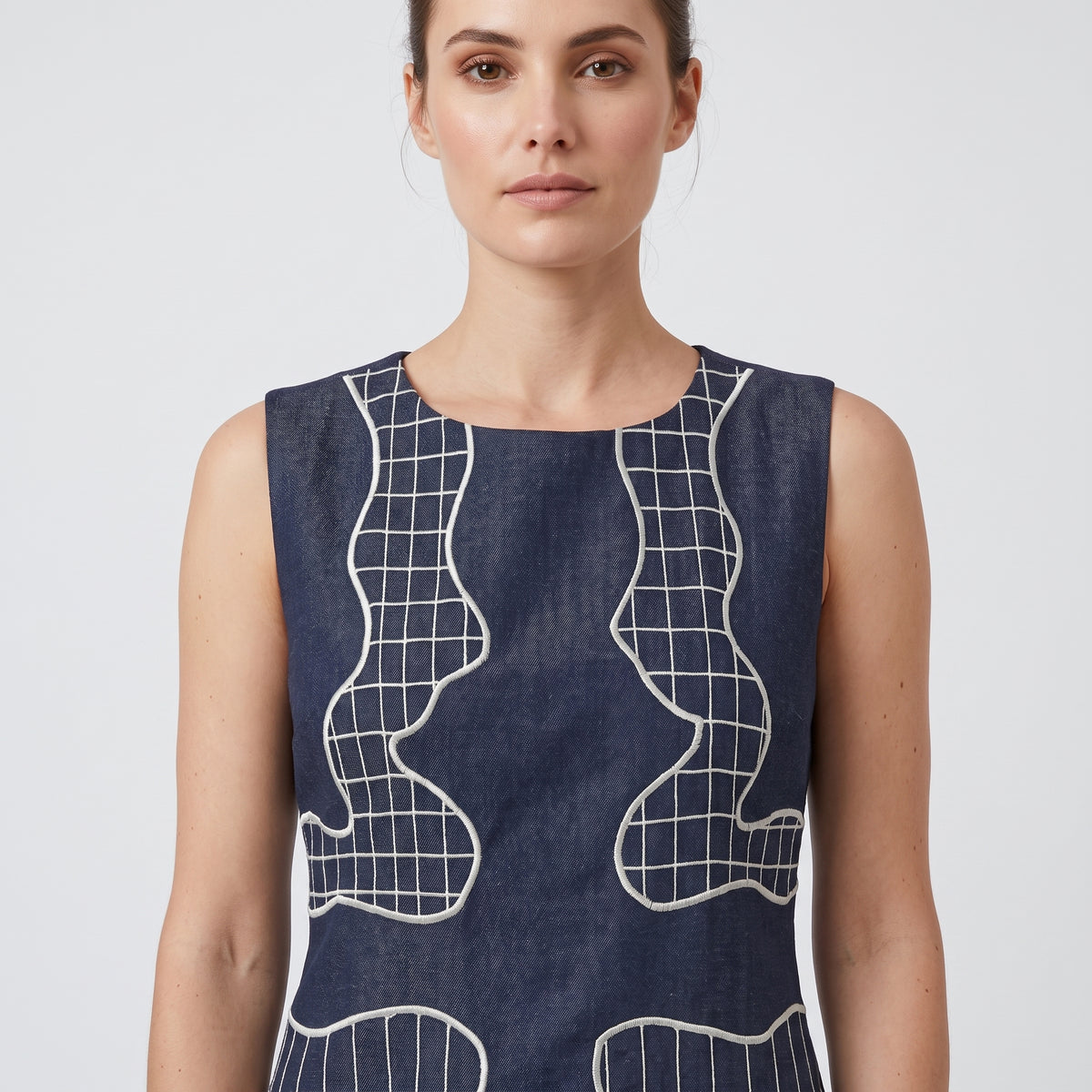 Navy Embroidered Abstract Fluted Dress