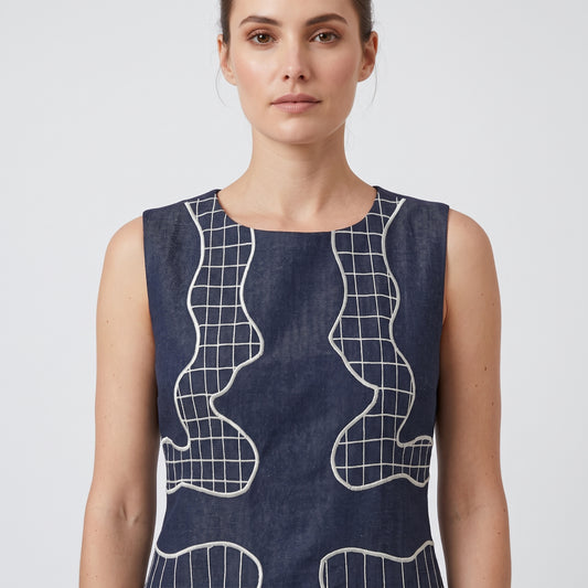Navy Embroidered Abstract Fluted Dress