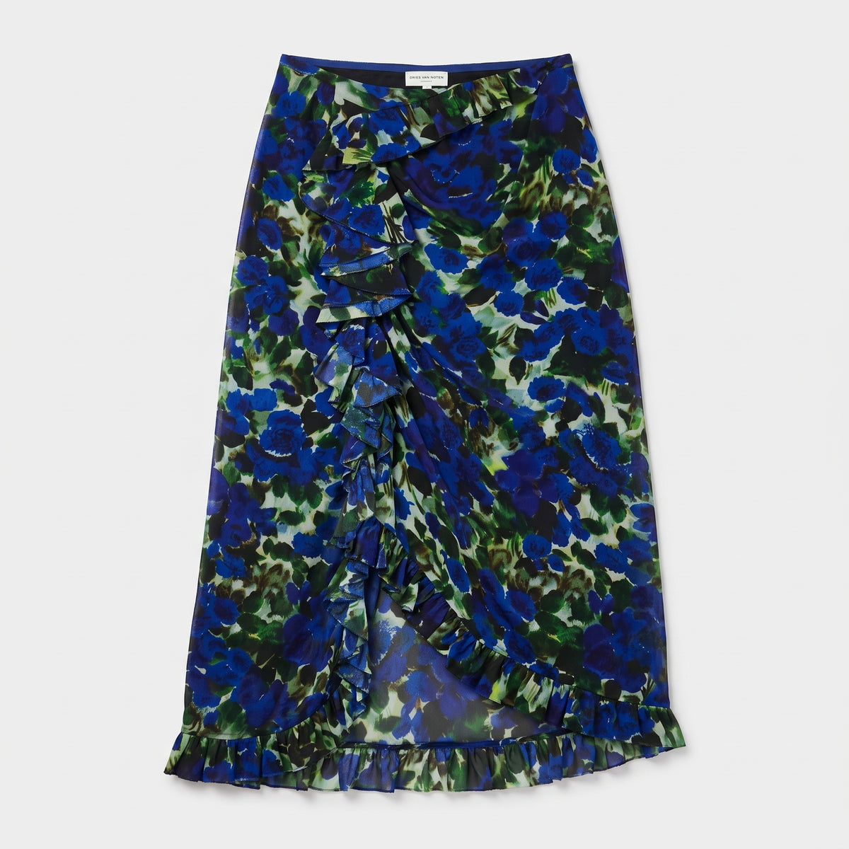 DRIES VAN NOTEN Ruffled Indigo Floral Midi Skirt