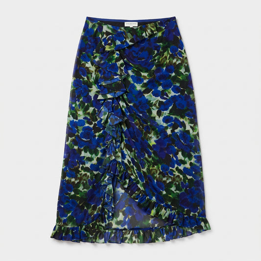 DRIES VAN NOTEN Ruffled Indigo Floral Midi Skirt