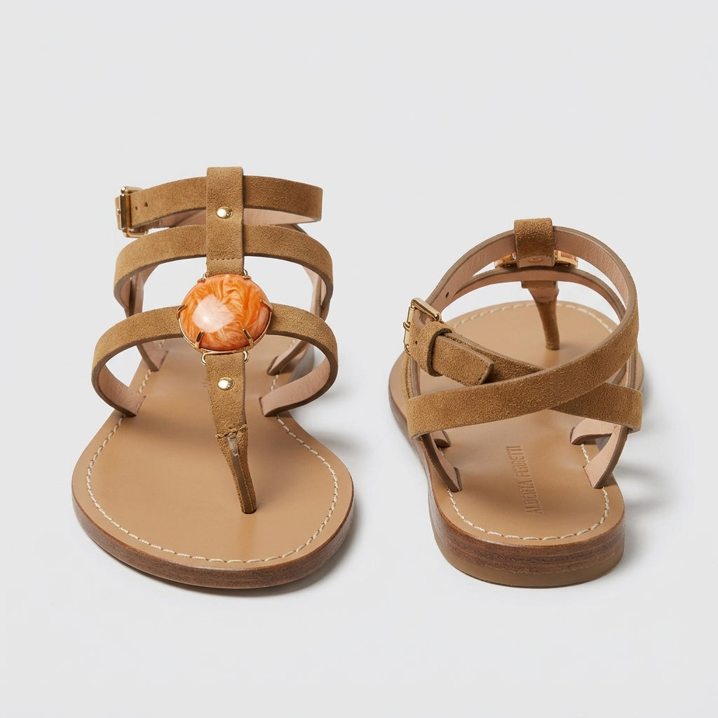 Embellished Brown Suede Sandals
