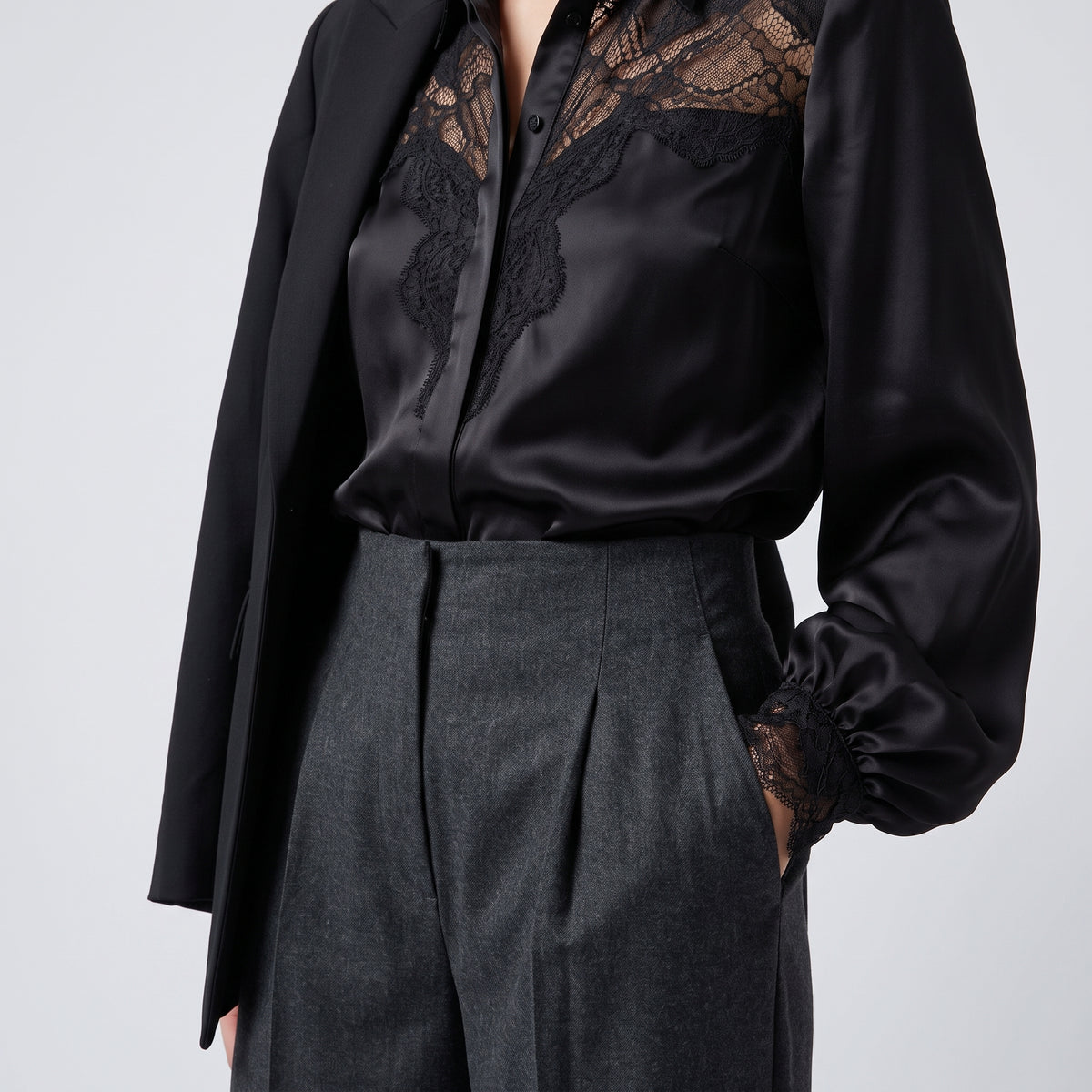 Pleated Grey Wide-Leg Trousers