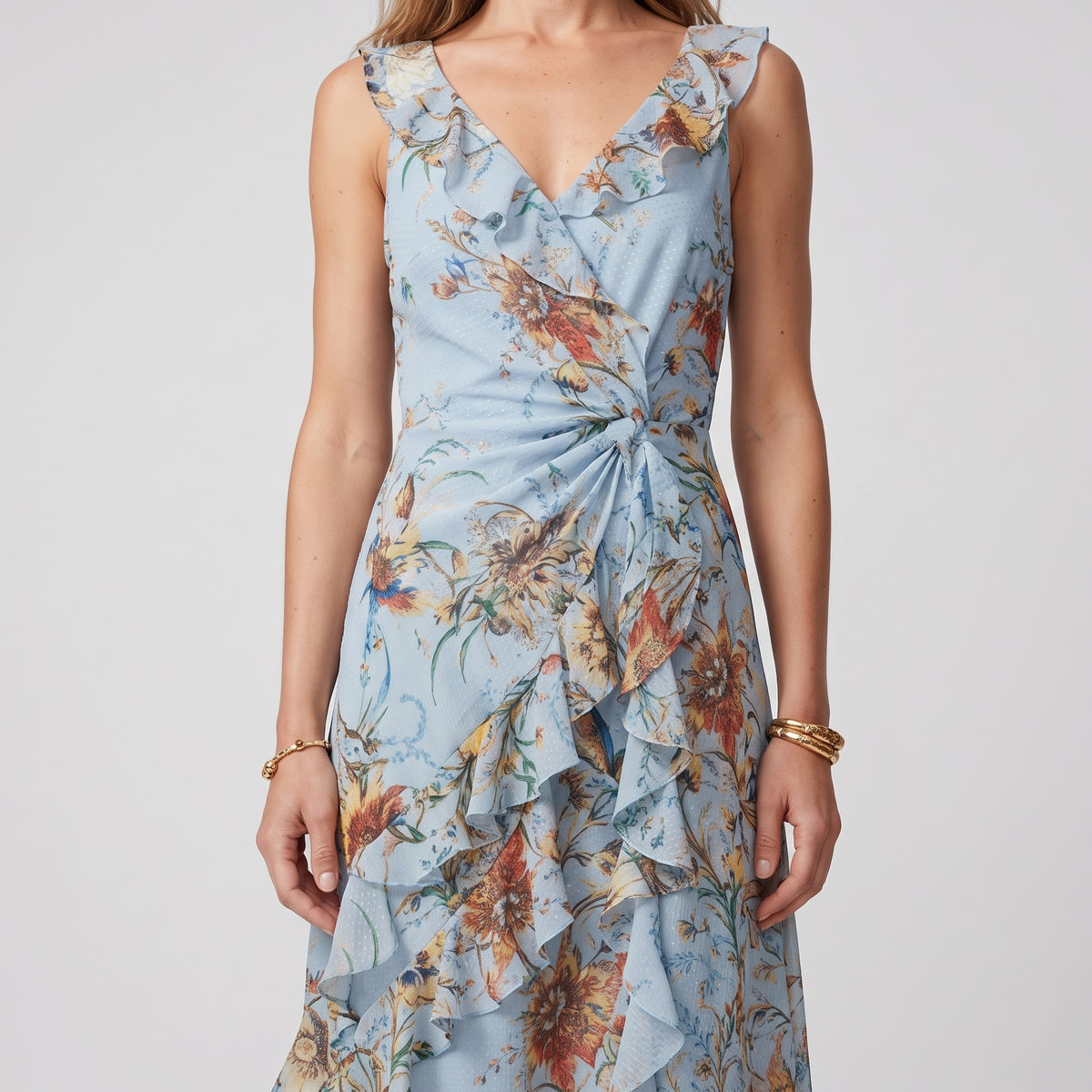 Blue Floral Ruffle Maxi Dress