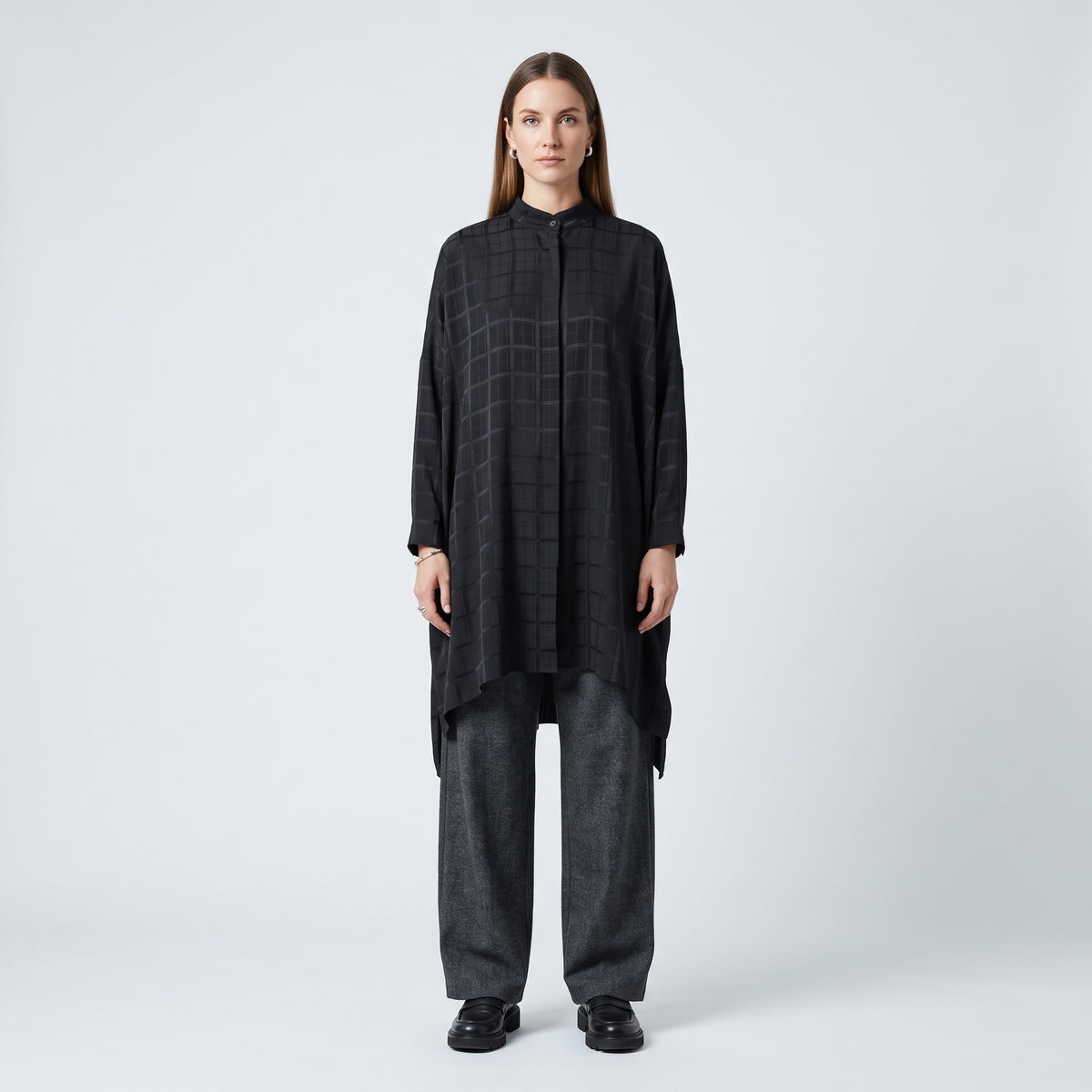 ESKANDAR Grid Textured Mandarin Collar Shirt - view 3