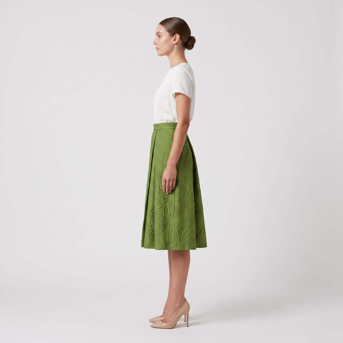Textured Leaf Print Midi Skirt