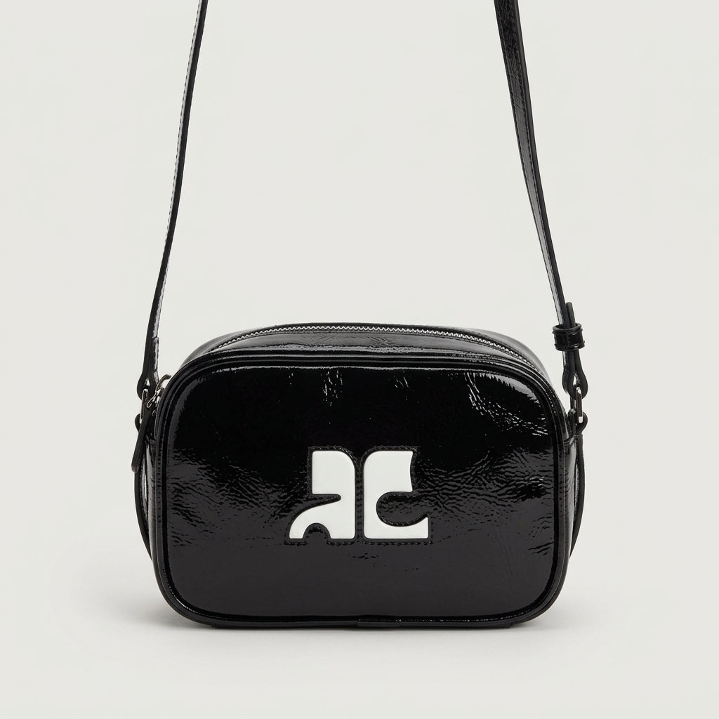 COURREGES Glossy Black Logo Crossbody Bag