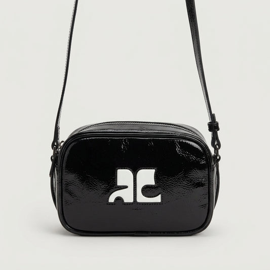 COURREGES Glossy Black Logo Crossbody Bag