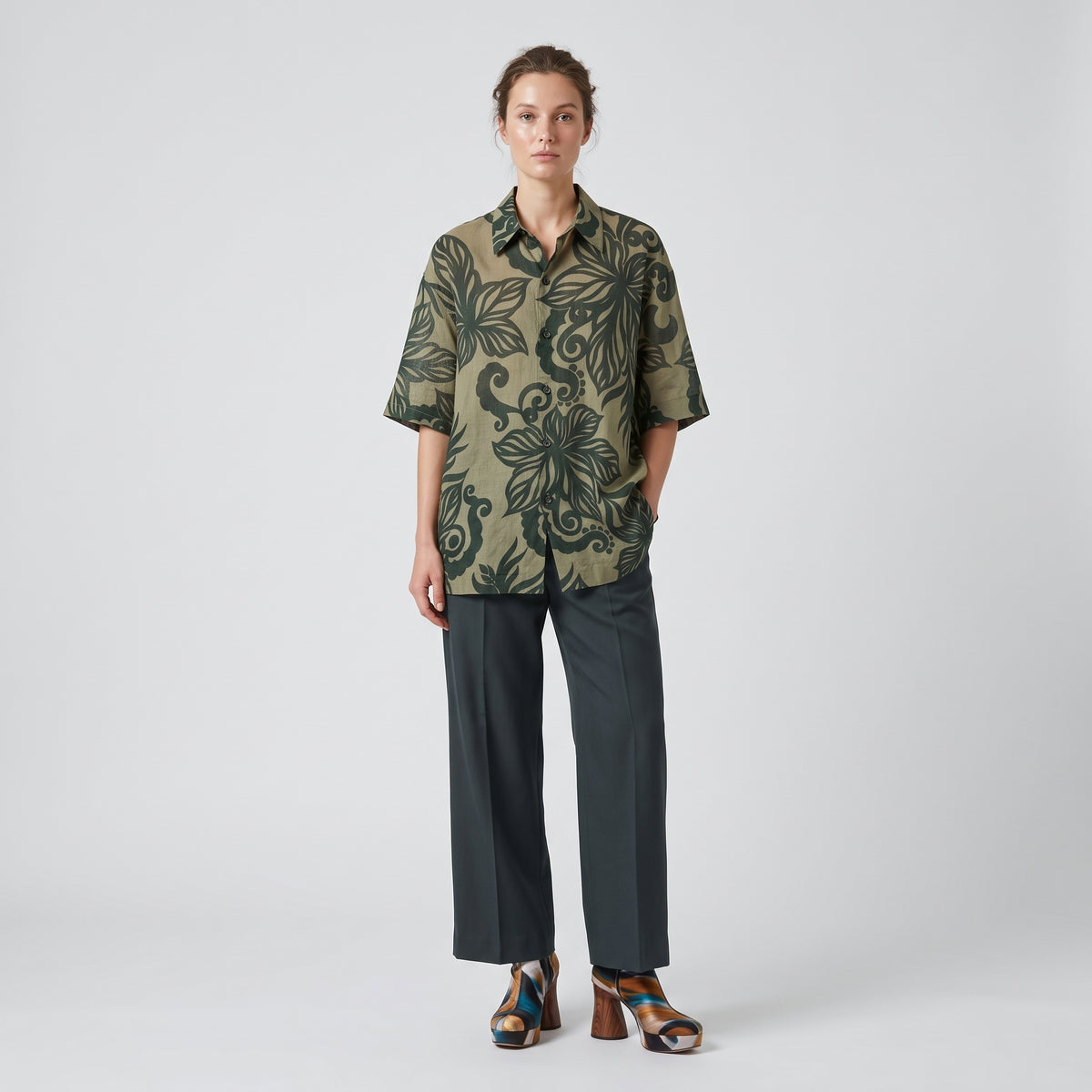 Khaki Floral Short Sleeve Shirt