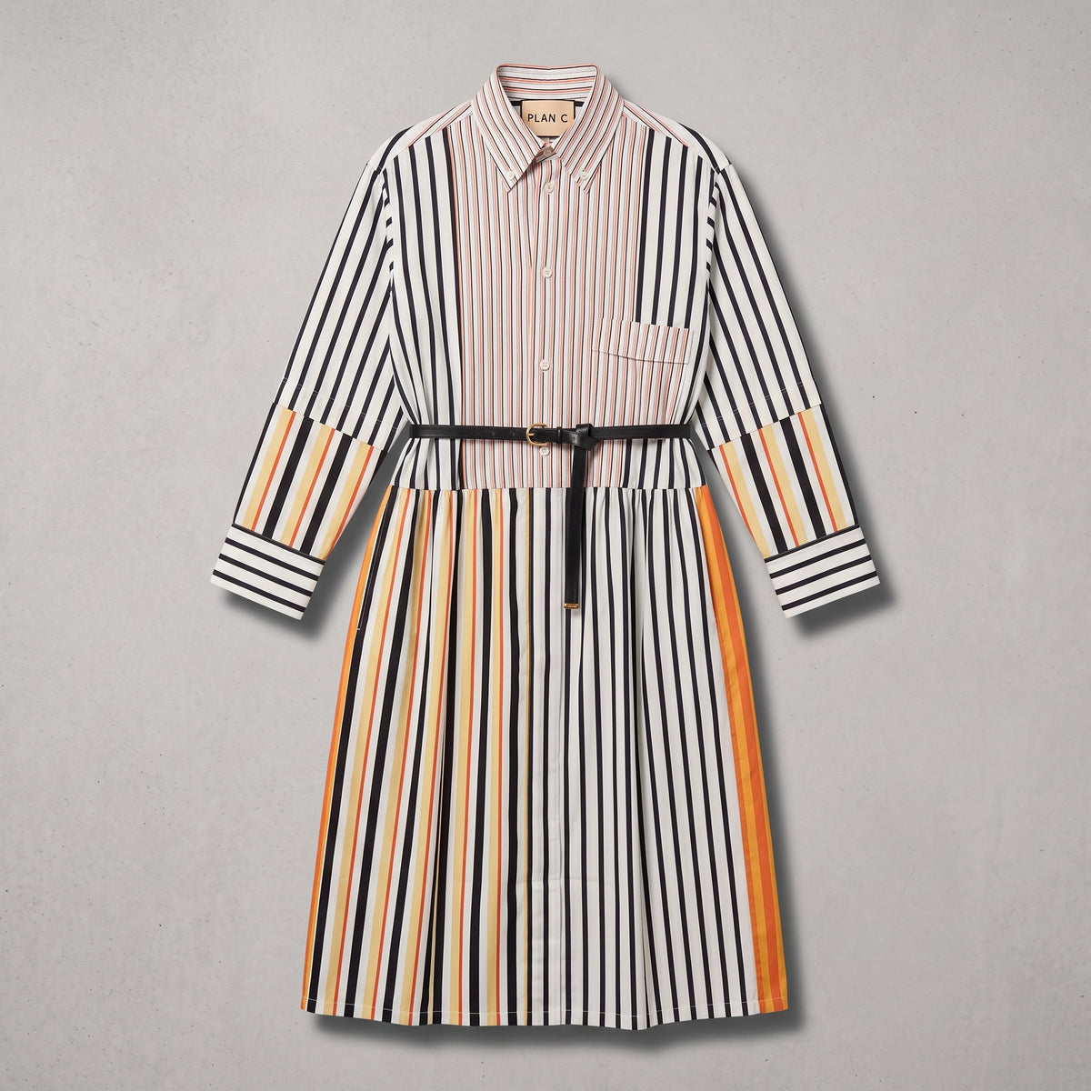 PLAN C Striped Cotton Belted Shirt Dress