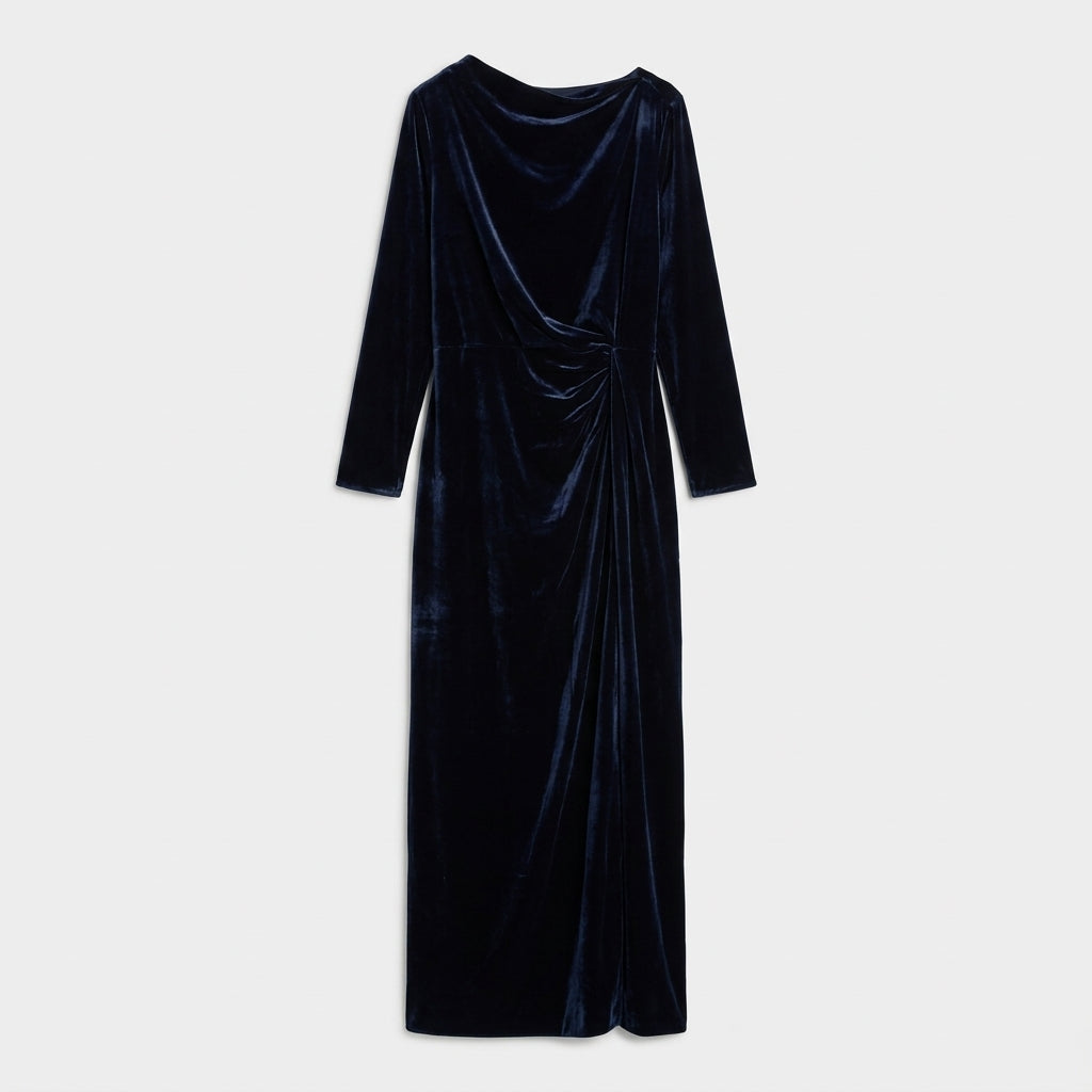 NATAN Draped Navy Velvet Midi Dress