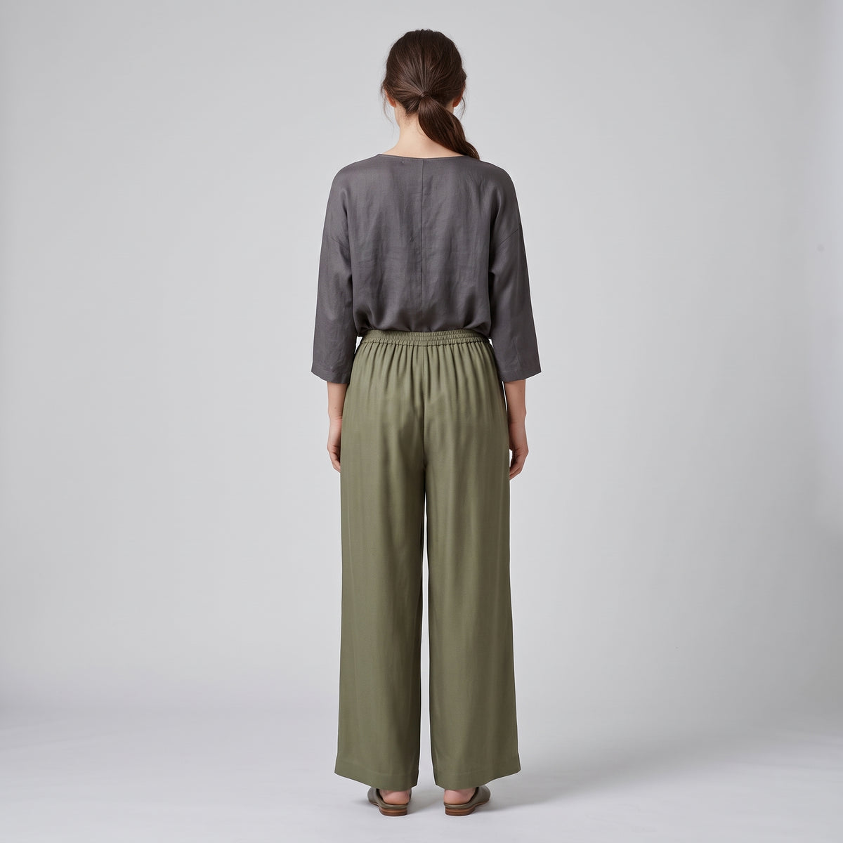 Wide-Leg Elasticated Olive Trousers