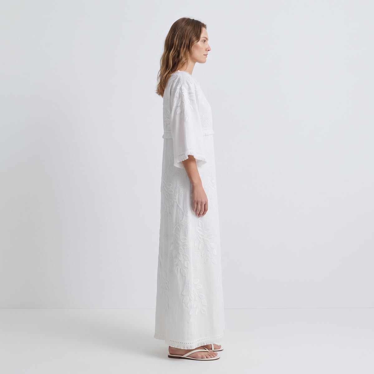 White Embroidered Fringe Midi Dress