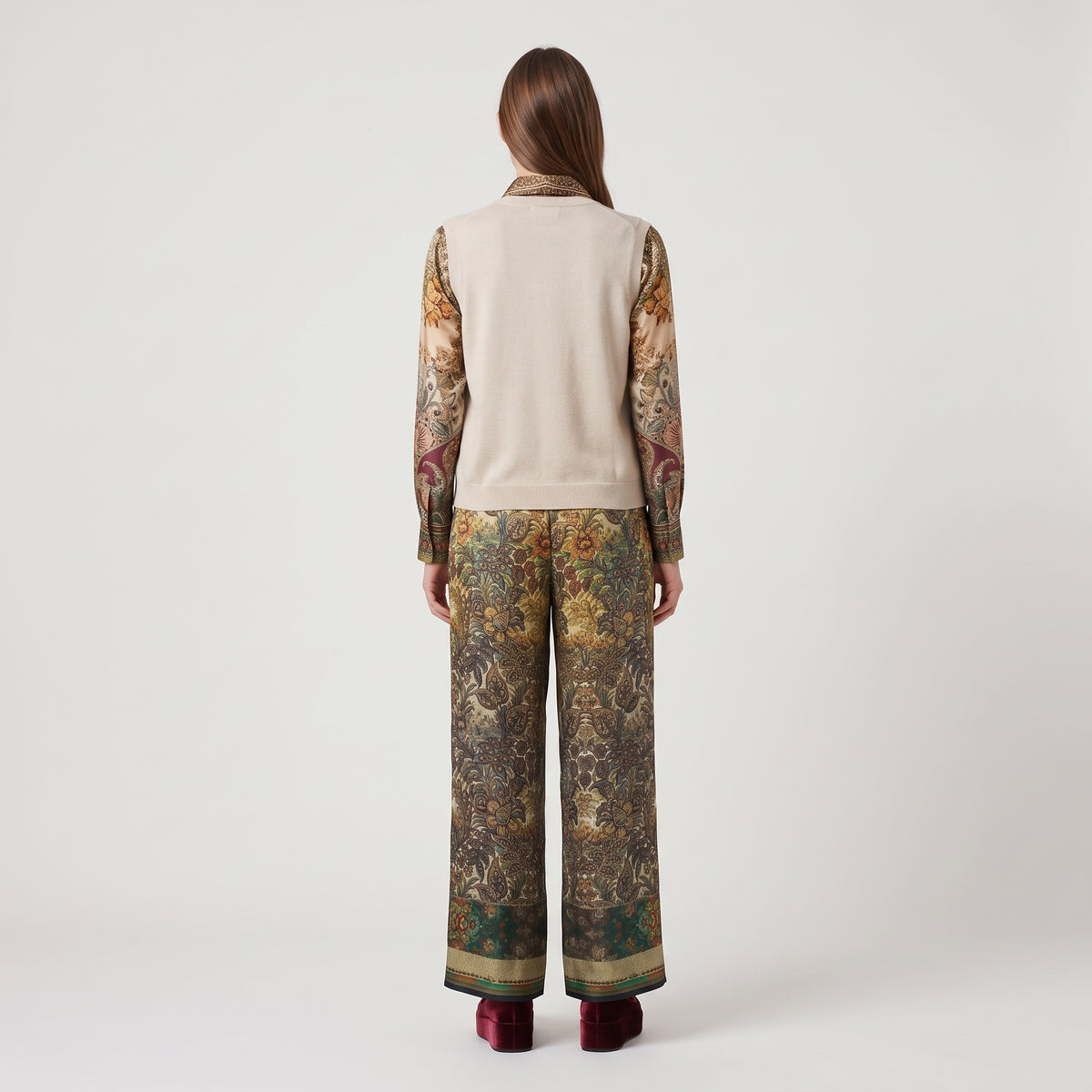 Printed Wide Leg Silk Trousers