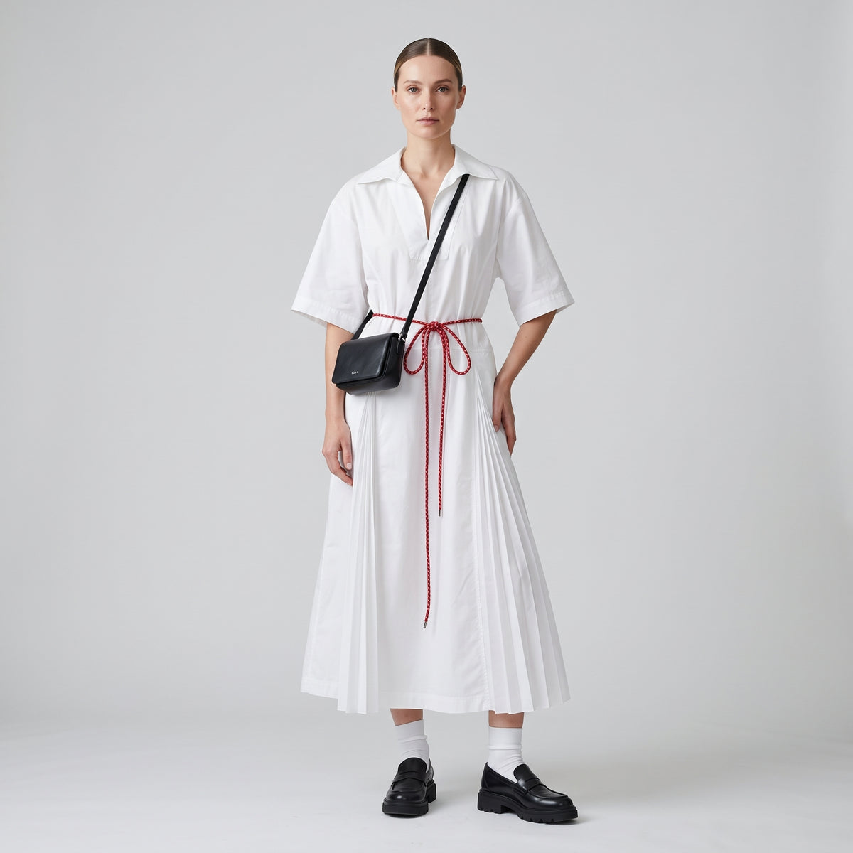 White Pleated Belted Midi Dress