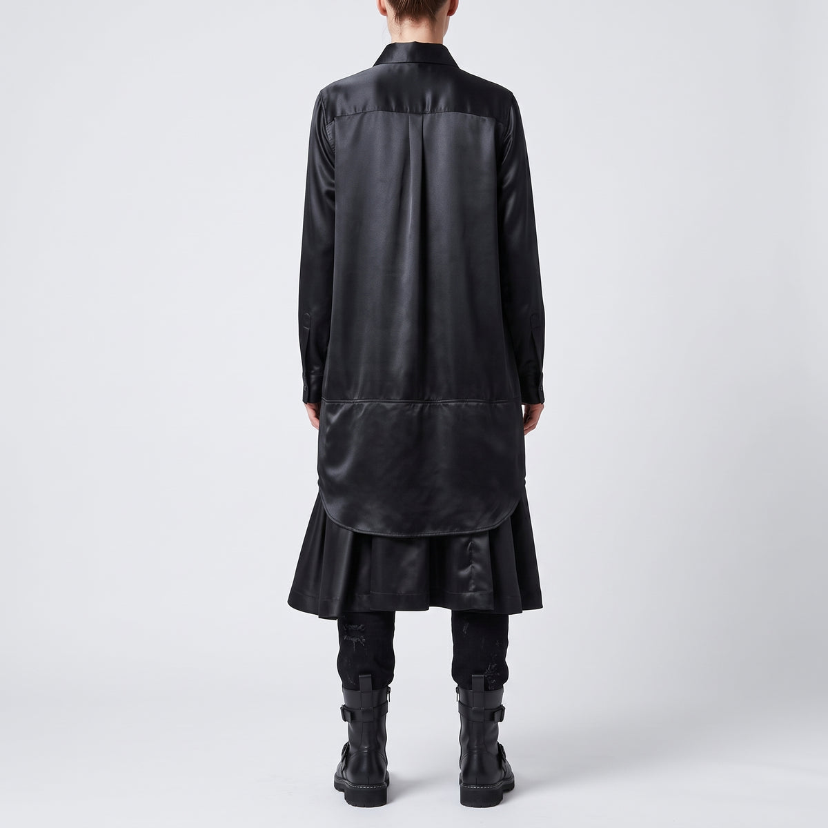 Black Satin Tiered Shirt Dress