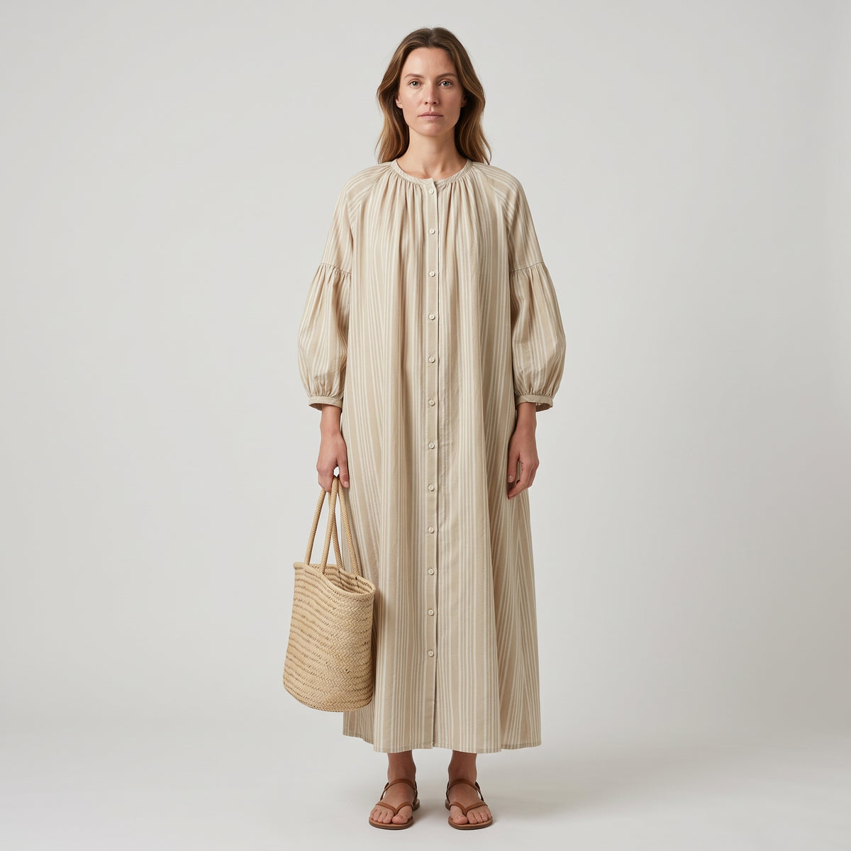 Striped Gathered Cotton Midi Dress