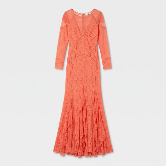 NINA RICCI Orange Lace Long Sleeve Gown