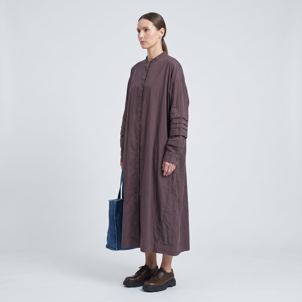 Pleated Sleeve Wine Shirt Dress