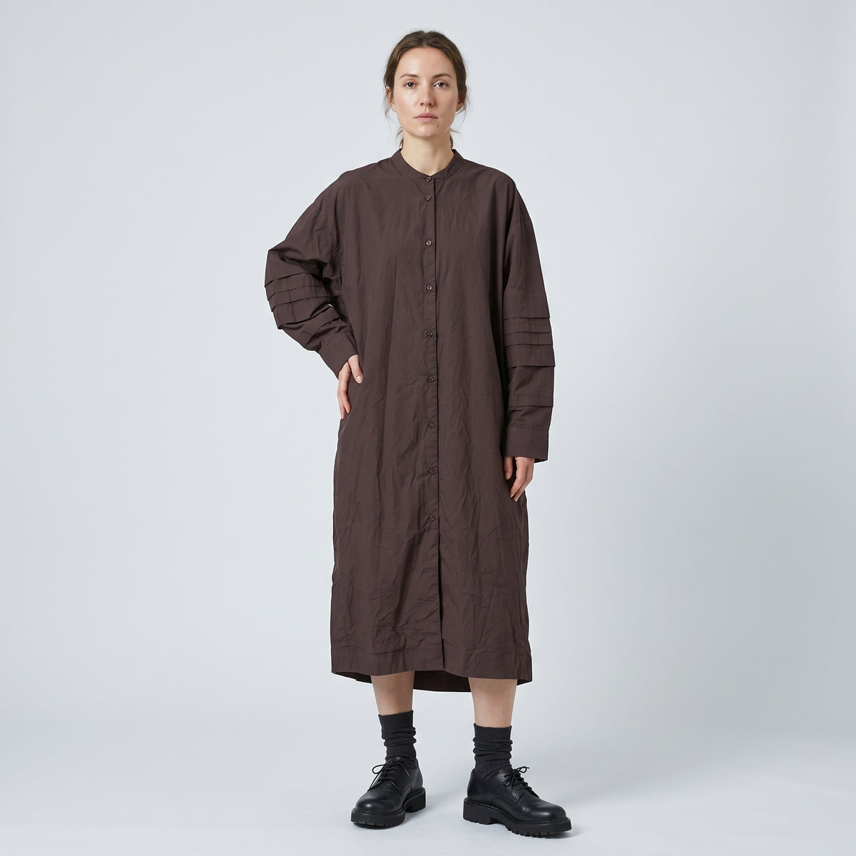 Wine Pleated Sleeve Shirt Dress