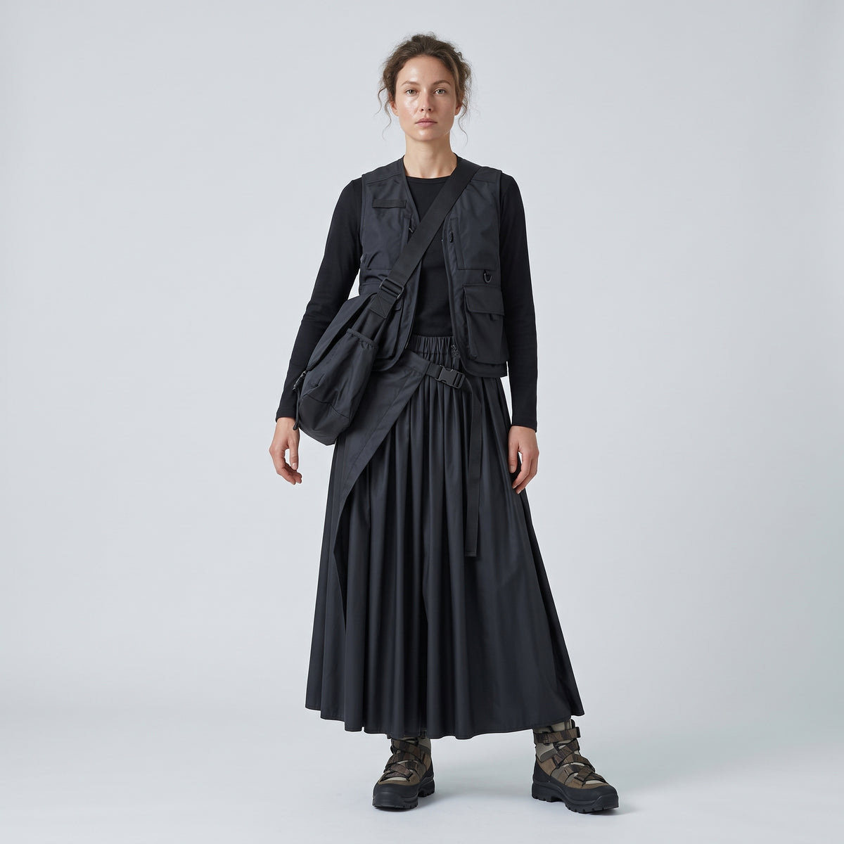 Black Pleated Belted Midi Skirt