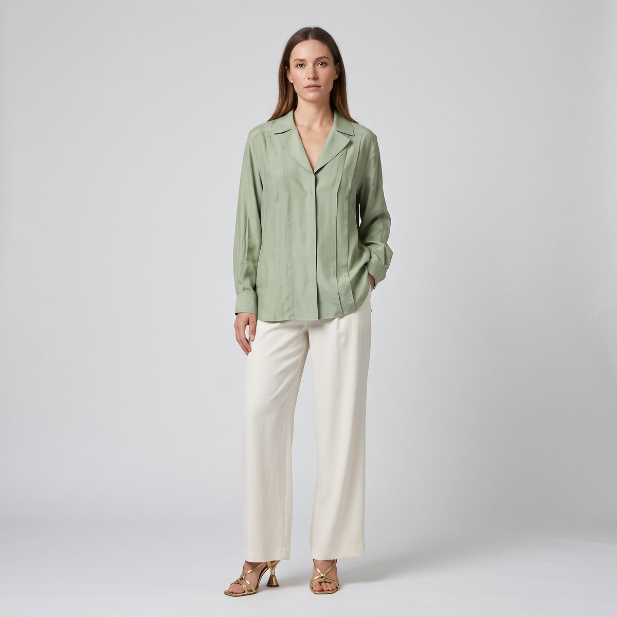 ALBERTA FERRETTI Sage Green Pintuck Lapel Shirt - view 3