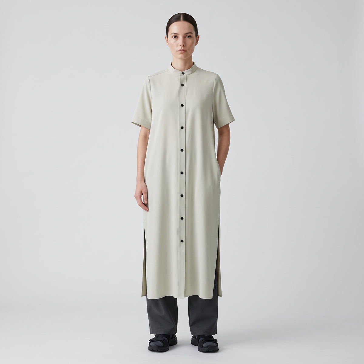 Cream Band Collar Shirt Dress