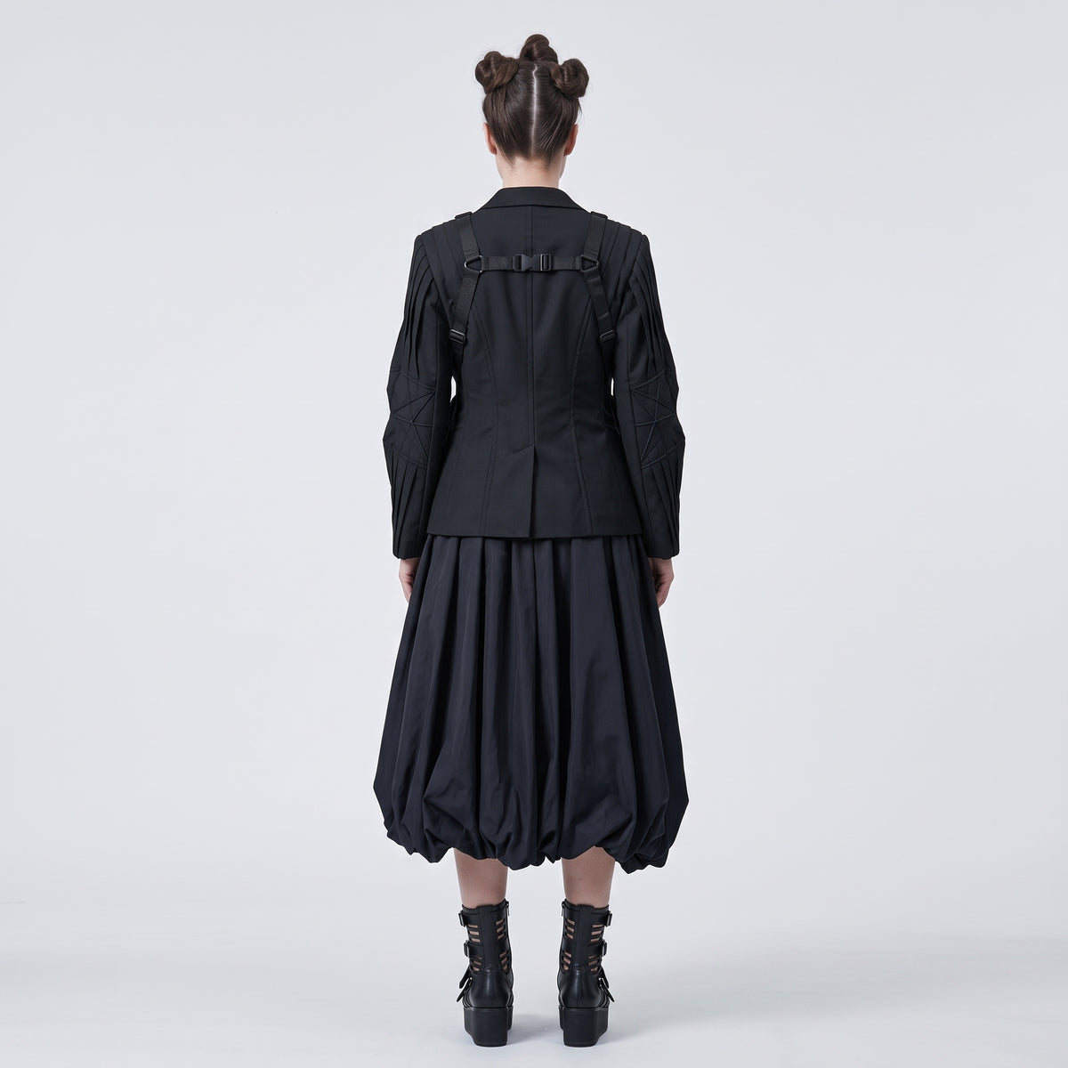 Black Gathered Balloon Midi Skirt