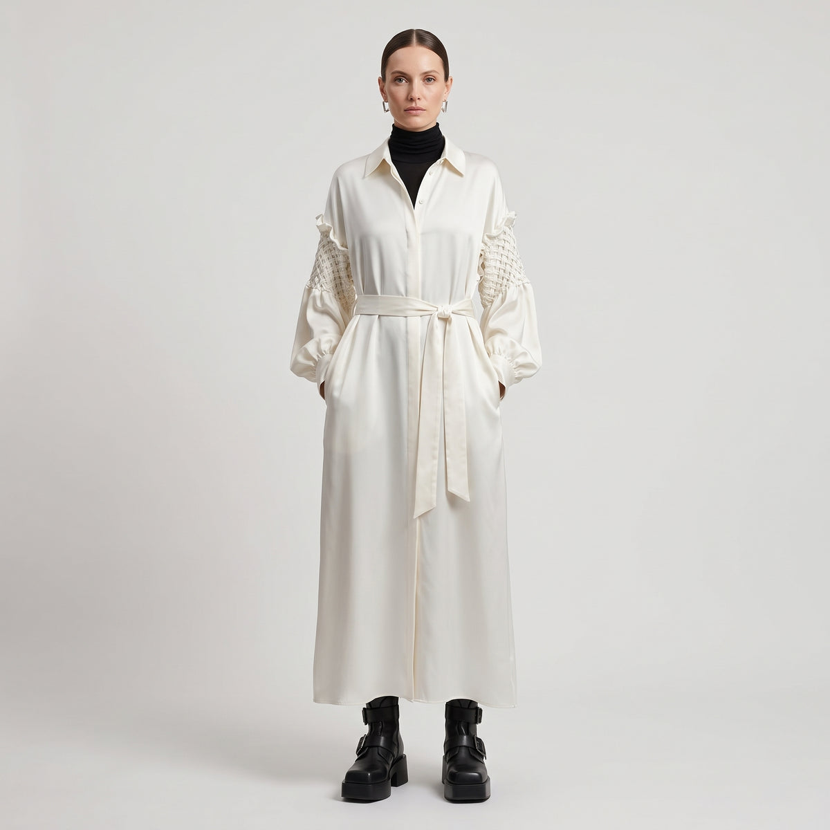 BY FANG Cream Smocked Sleeve Shirt Dress - view 3