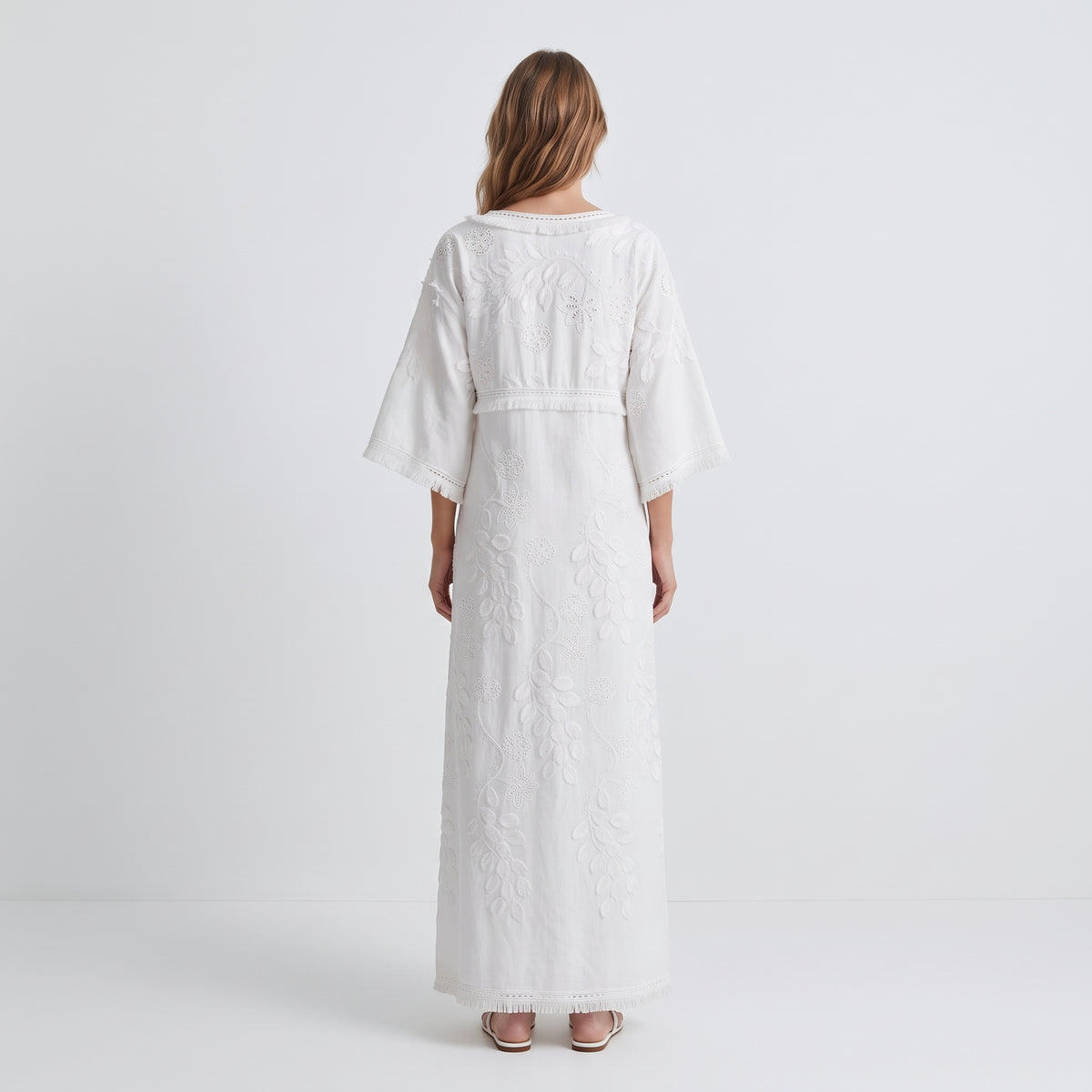 White Embroidered Fringe Midi Dress