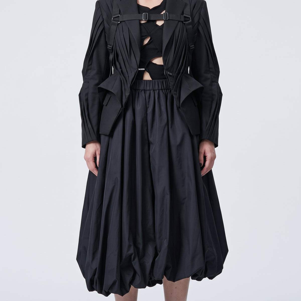 Black Gathered Balloon Midi Skirt