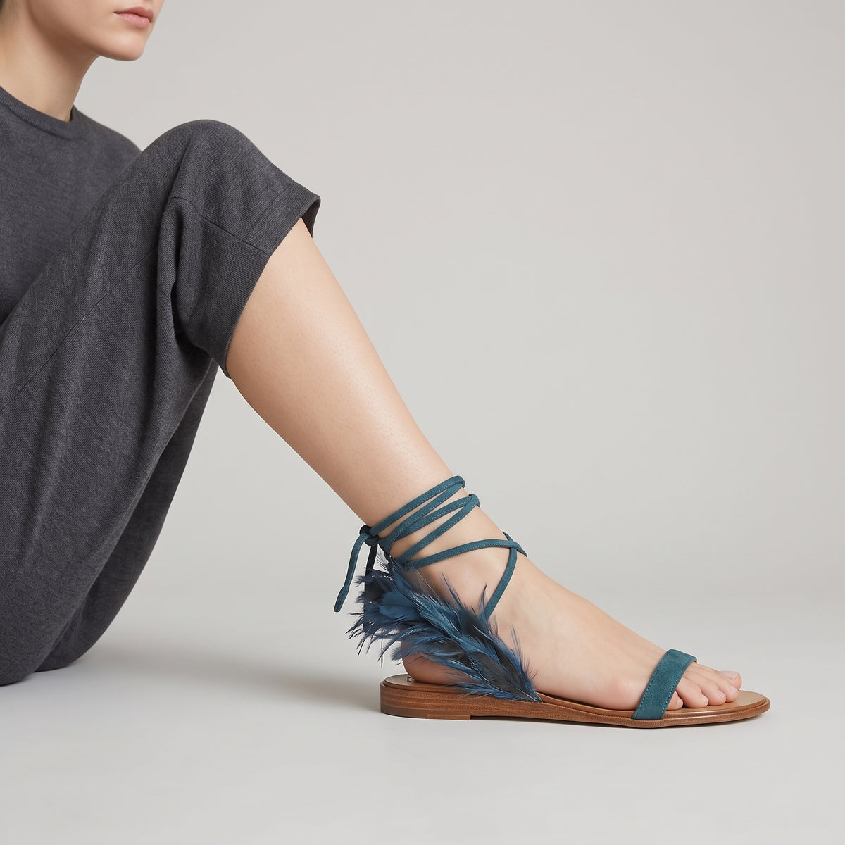 Feather Lace Up Flat Sandals