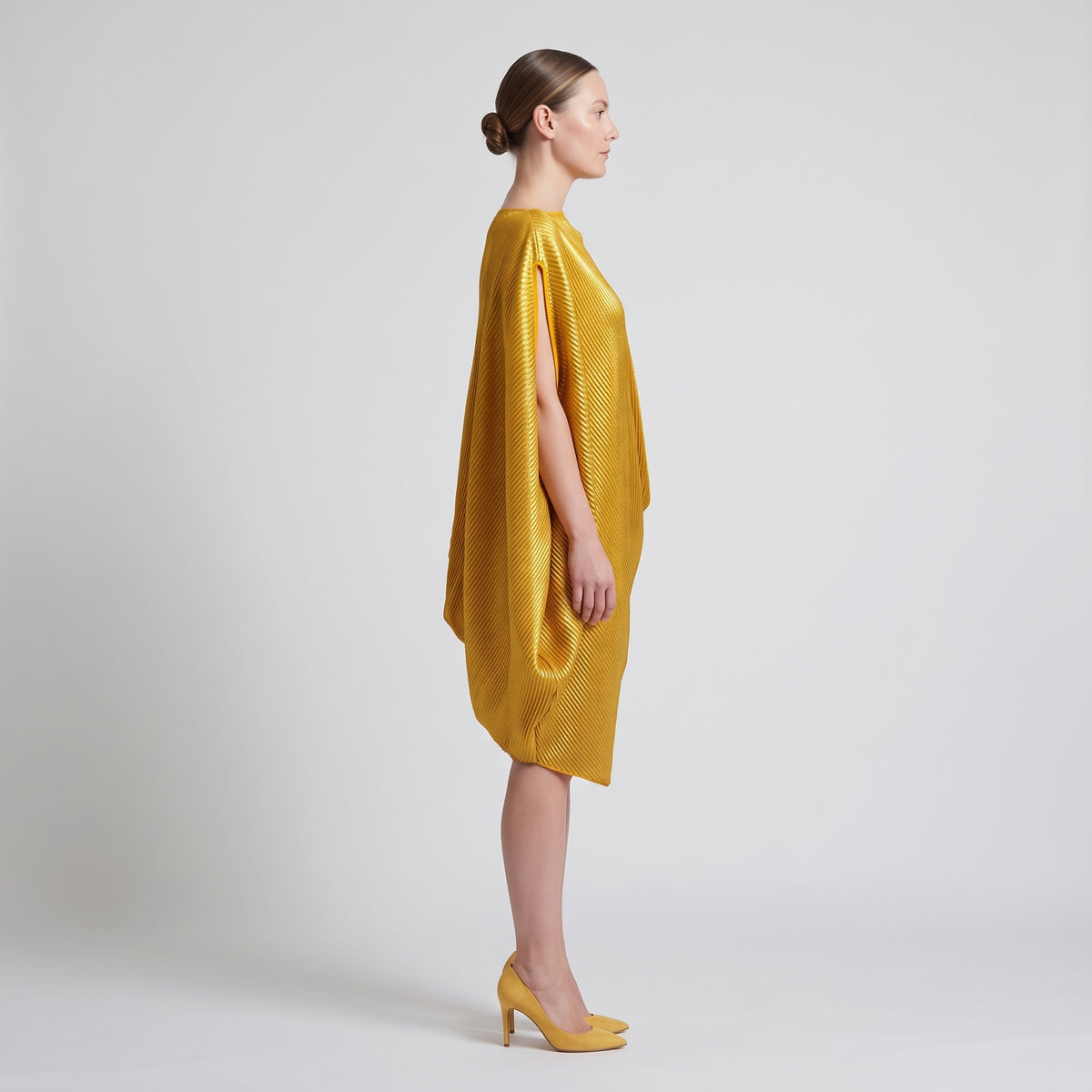 Sculptural Pleated Gold Metallic Dress