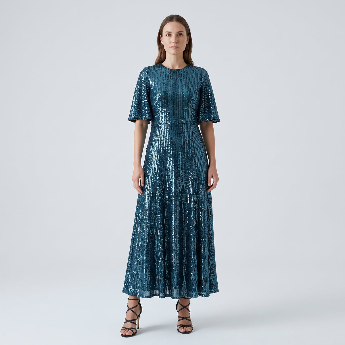 Sequin Flutter Sleeve Midi Dress