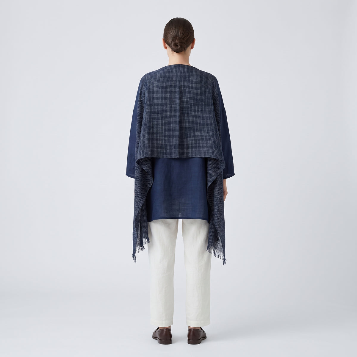 ESKANDAR Navy Grid Fringed Scarf - view 4