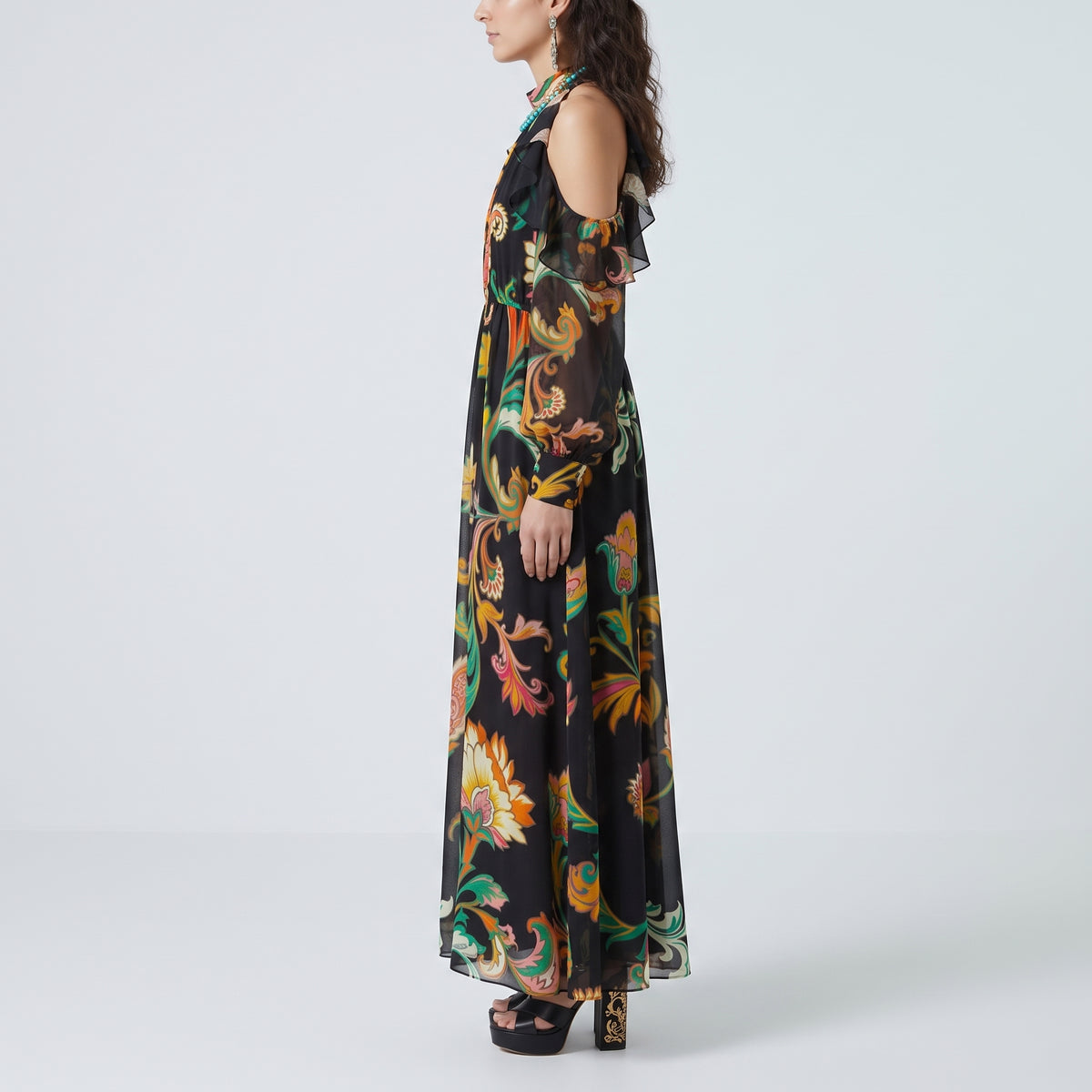 Paisley Cold-Shoulder Midi Dress
