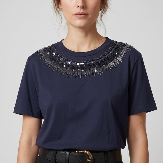 Embellished Neckline Navy T-Shirt