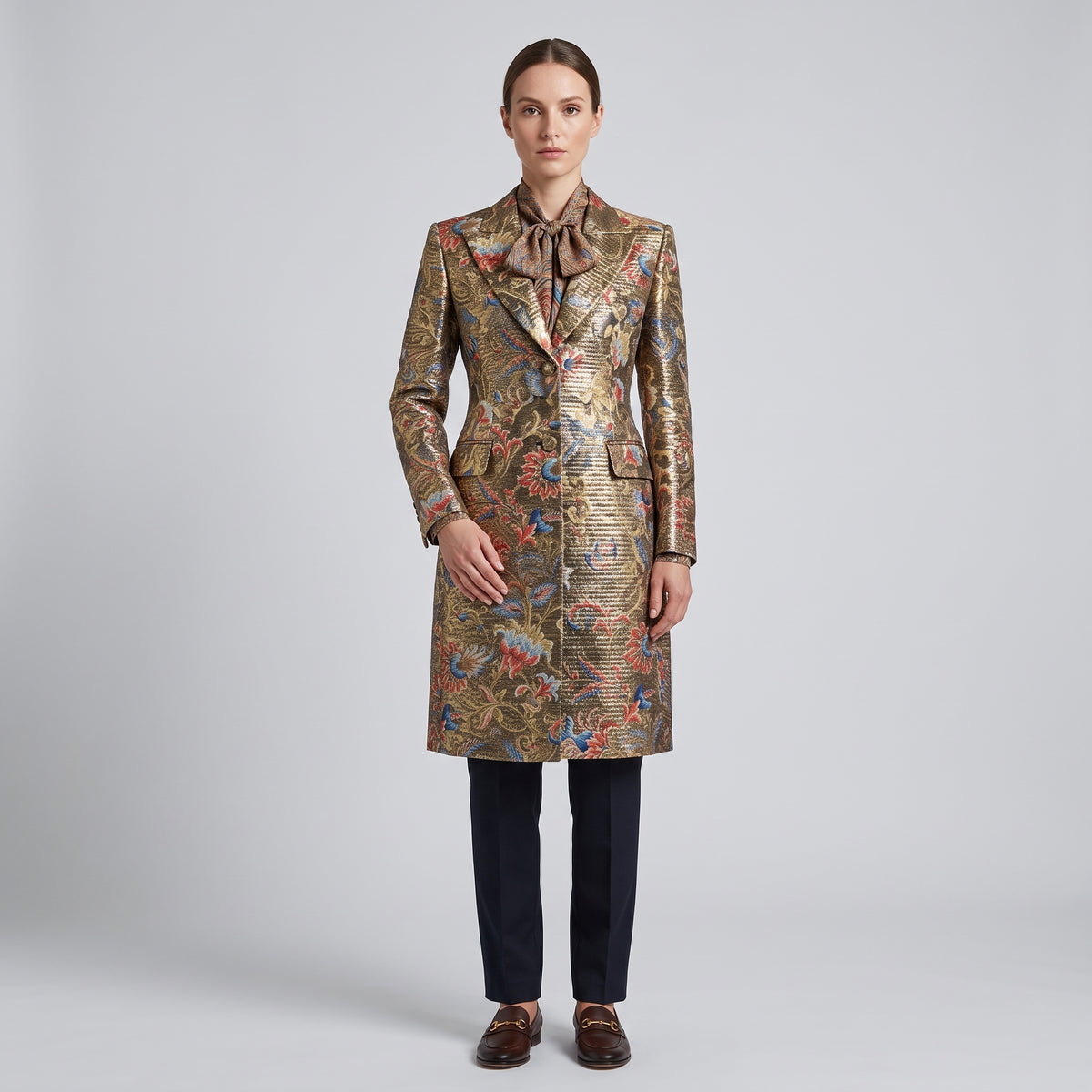 Gold Jacquard Floral Tailored Coat
