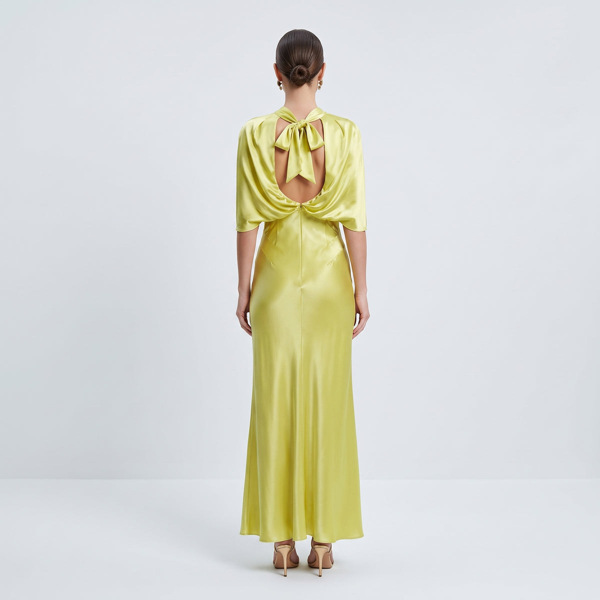 Draped Yellow Satin Maxi Dress