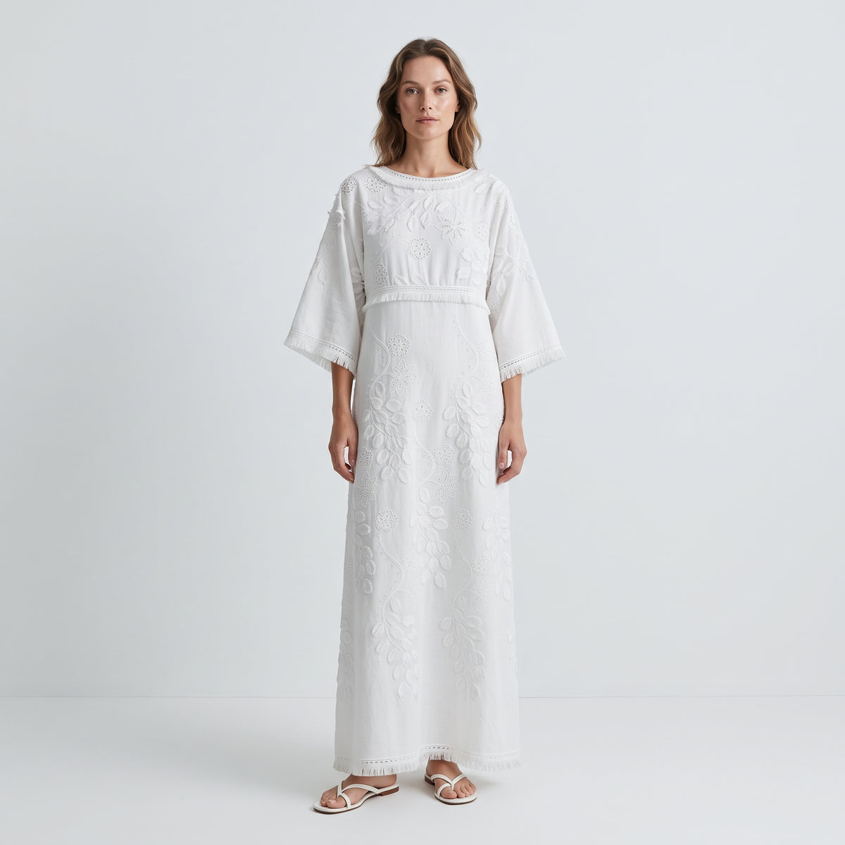 White Embroidered Fringe Midi Dress